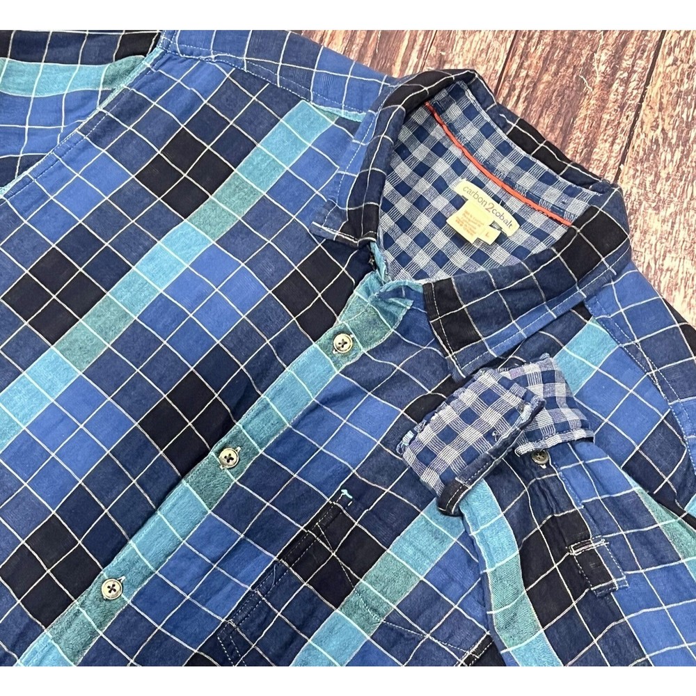 Carbon 2 Cobalt Men Button Up Blue Plaid Check Soft Flannel Pocket Size Large
